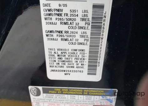 2005 Infiniti Fx35 z USA, uszkodzony, nr VIN JNRAS08W25X220763